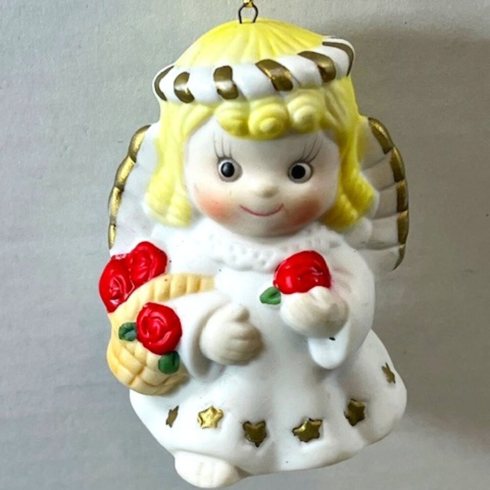 VTG 80's Angel Christmas Bell Tree Ornament Ceramic with Red Roses 2"x3"